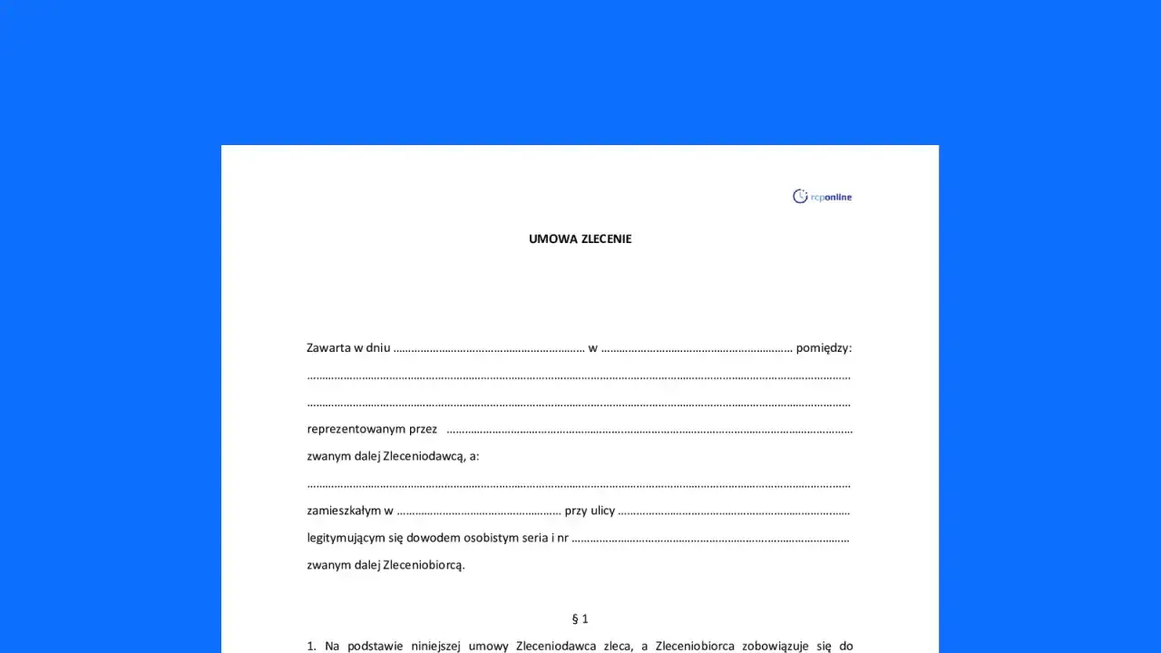 Szablon umowy zlecenia, gotowy do wypełnienia. Dokument zawiera pola na dane stron, datę zawarcia i miejsce realizacji zlecenia.