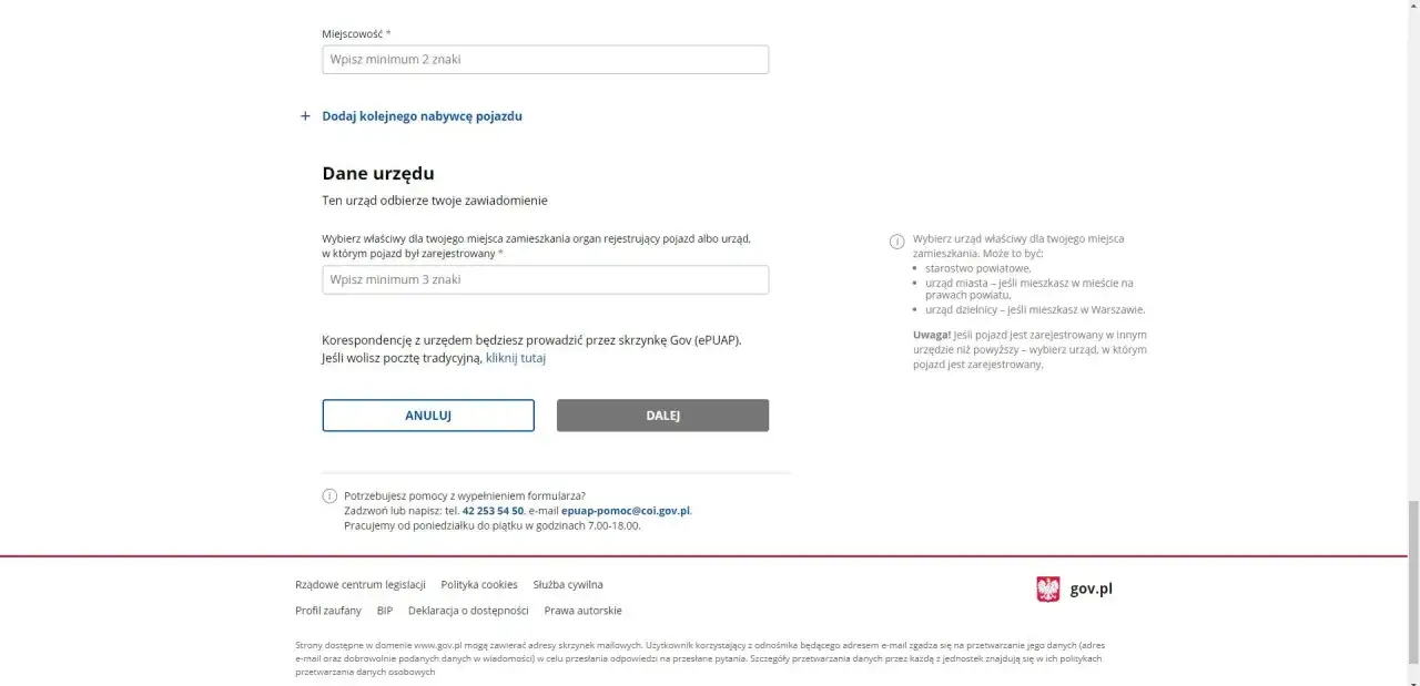 Formularz do zgłoszenia sprzedaży auta. Wybierz urząd właściwy dla miejsca zamieszkania lub rejestracji pojazdu.