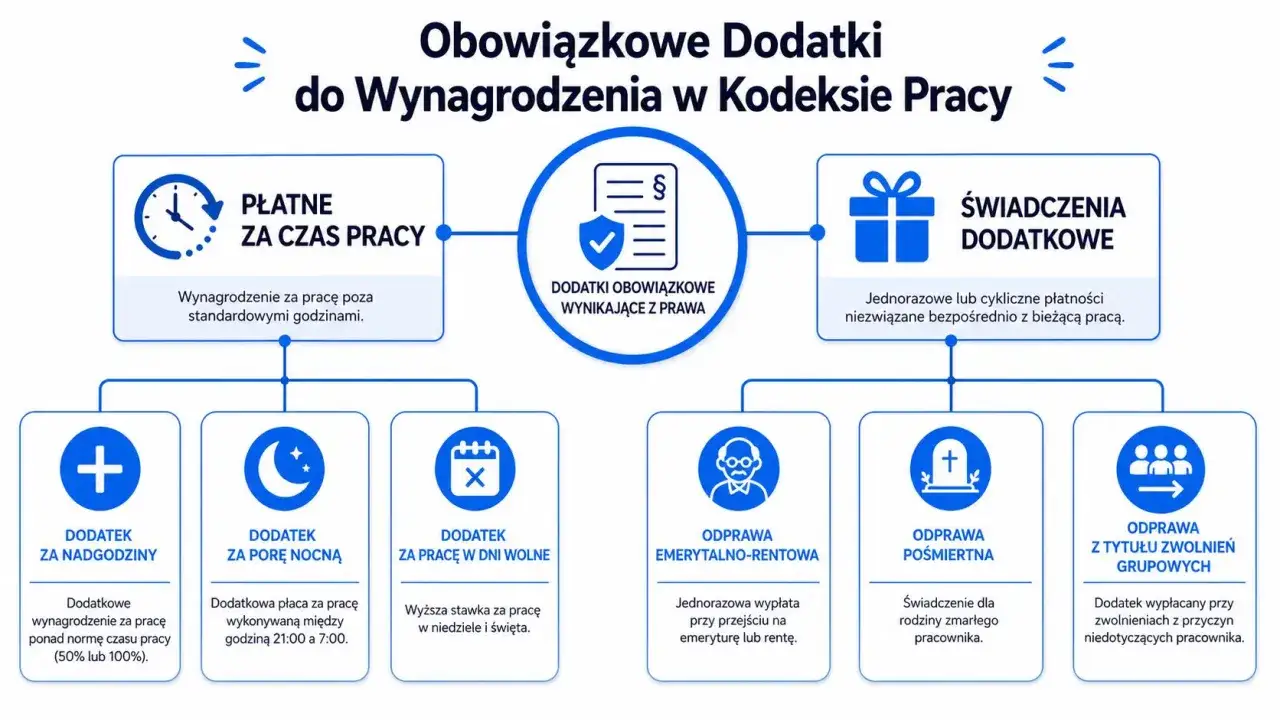 Schemat przedstawia obowiązkowe dodatki do wynagrodzenia w Kodeksie Pracy. Wśród nich są odprawy, np. emerytalno-rentowa, pośmiertna, z tytułu zwolnień grupowych.