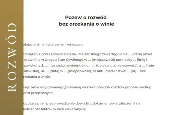 Pozew o rozwód bez orzekania o winie. Dokument zawiera dane małżonków, datę ślubu i prośbę o rozwiązanie związku.