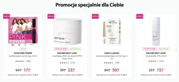Promocje kosmetyków: tusz GOSH, krem Nacomi SPF50, serum do rzęs Long 4 Lashes, serum z niacynamidem Nacomi. Zgodnie z dyrektywą Omnibus, podane ceny są najniższymi z ostatnich 30 dni.