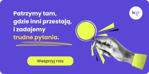 Dłoń z lupą bada problem, zadając trudne pytania. "Patrzymy tam, gdzie inni przestają, i zadajemy trudne pytania.