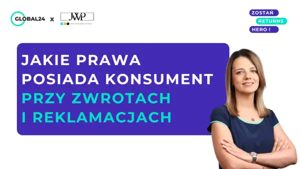 Kobieta z uśmiechem i napis "Jakie prawa posiada konsument przy zwrotach i reklamacjach". Dowiedz się o swoich prawach konsumenta.