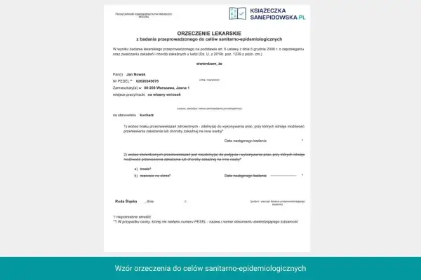 Orzeczenie lekarskie dla kucharza Jana Nowaka, potwierdzające brak przeciwwskazań do pracy w warunkach sanitarno-epidemiologicznych.