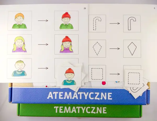 Ćwiczenia na analogię: dzieci w czapkach i kształty. Dzieci dopasowują obrazki, a kształty zmieniają się z przerywanych na ciągłe.