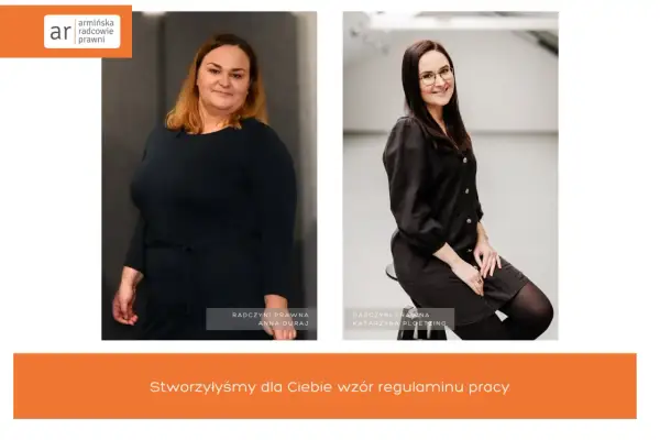 Dwie radczynie prawne, Anna Duraj i Katarzyna Ploetzing, prezentują wzór regulaminu pracy.