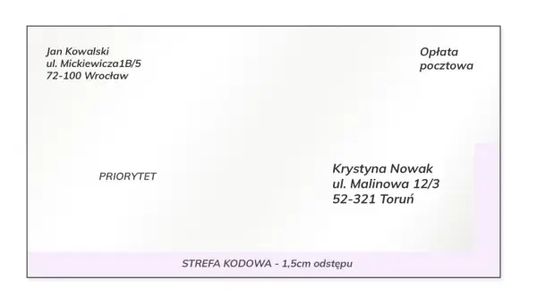 Adresat Krystyna Nowak, nadawca Jan Kowalski. Koperta z danymi adresowymi i oznaczeniem priorytetu.