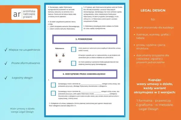 Wzór umowy o dzieło w wersji Legal Design: przejrzyste zasady, jasne sformułowania i przyjazny design.