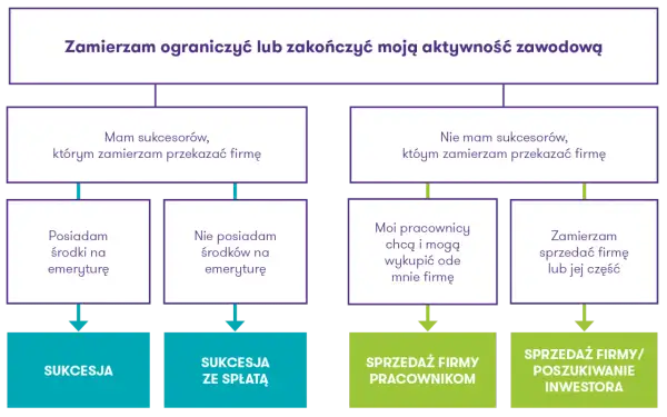 Schemat planowania sukcesji firmy: czy masz sukcesorów, środki na emeryturę, czy pracownicy chcą wykupić firmę? Sukcesja co to, zależy od tych czynników.