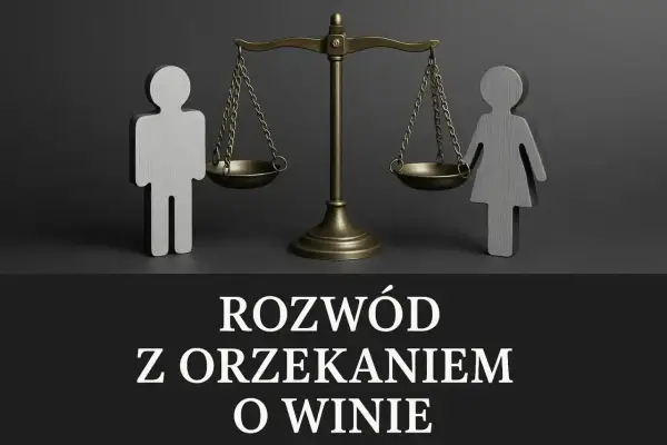 Symboliczne figury kobiety i mężczyzny obok wagi szalkowej. Temat: rozwód z orzeczeniem o winie.