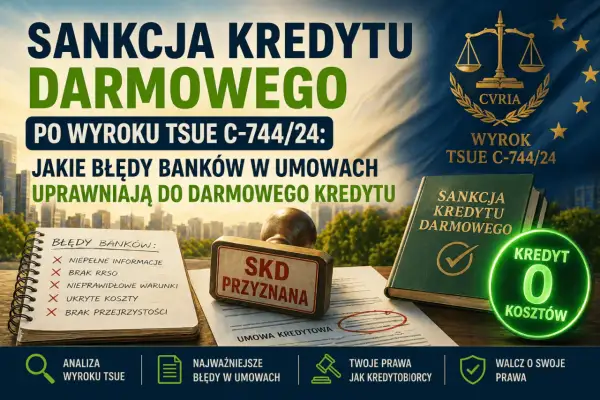 Sankcja kredytu darmowego po wyroku TSUE C-744/24. Lista błędów banków w umowach, które uprawniają do darmowego kredytu.
