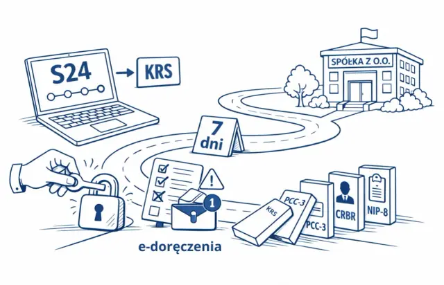 Proces zakładania sp zoo: od S24 przez e-doręczenia i KRS do rejestracji firmy.
